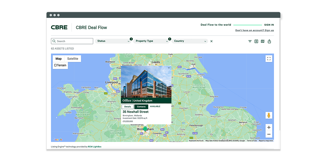 CBRE Deal Flow map with active listings